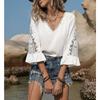 Women S Summer V Neck Lace Spliced Flared Sleeve Casual Shirt