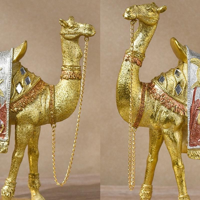 Artistic Camels Sculpture Resins Middle Eastern Ornament Gold Desert Animal Figurine for Living Room and Office Display