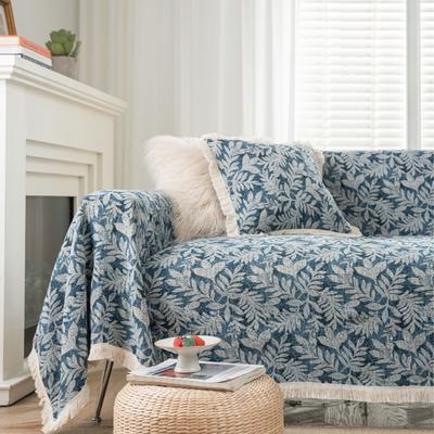 Sofa Towel Anti-cat Scratch Jacquard Blue Flower and Grass Retro Tassel Thick Sofa Blanket