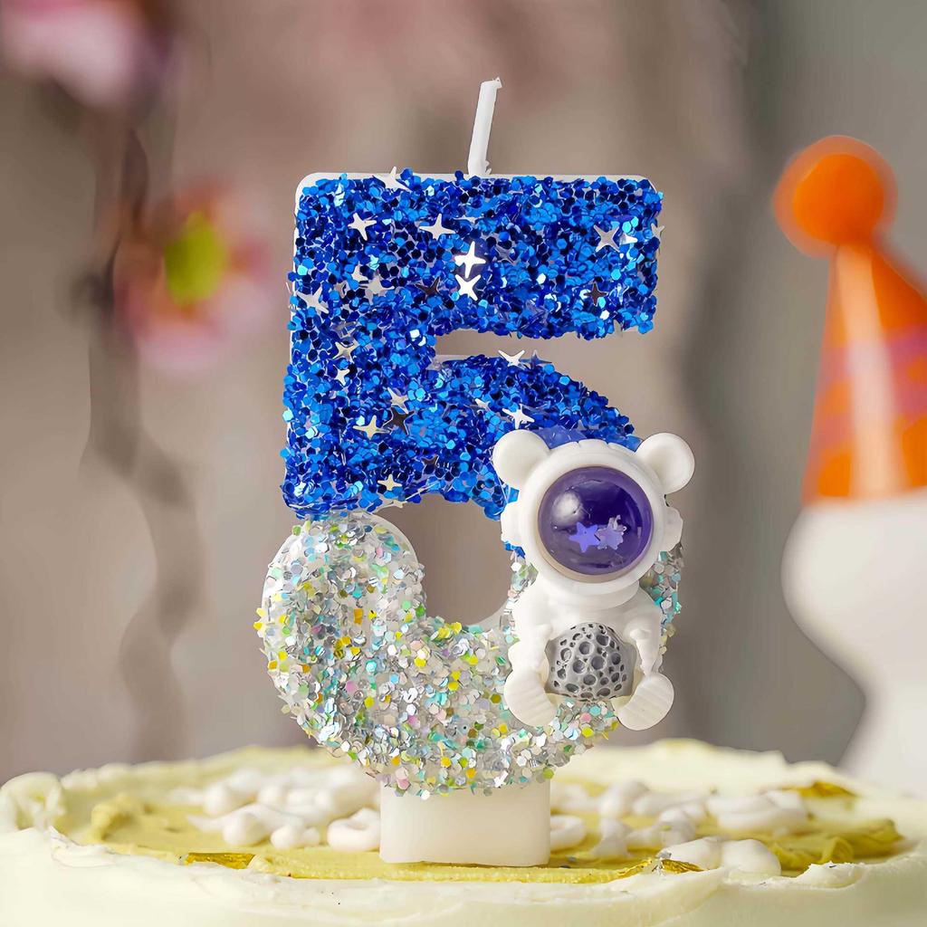 Creative Astronaut Birthday Cake Number Candles with Sequins - Fun Cartoon Atmosphere