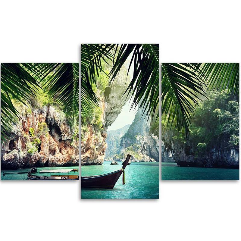 Třídílný obraz na plátně Tropical Palm Beach Boat