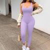 Women's Solid Color Ribbed Sleeveless Bodysuit: Square Neck, Backless, Hip-Lifting Slim-Fit Jumpsuit