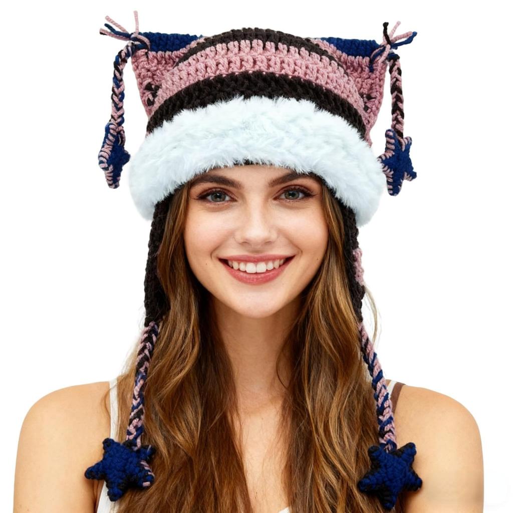 Women's Hand-Knitted Star Striped -Ear Braid Hat With Ear Protectioned, Fashionable And Versatile Cap