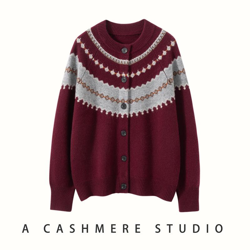 2025 Fall/Winter Striped Retro Women's Cashmere Sweater - Loose Round Neck Thick Cardigan with Long Sleeves