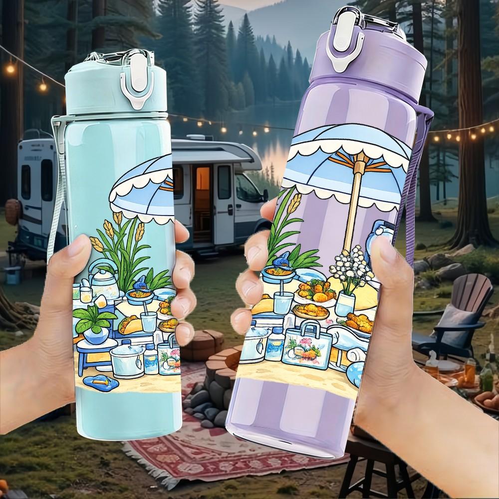 1PC Beach Parasol Girl Vacation 750ml Color Plastic Sports Water Bottle Leakproof Flip Straw Lid Suitable for Sports Office Home Use