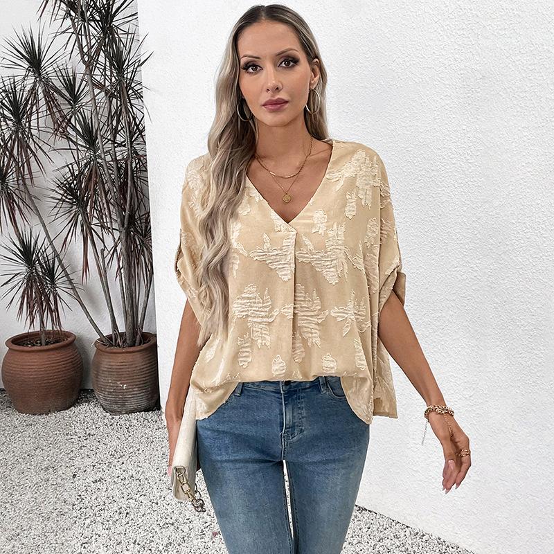 Women V-Neck Jacquard Texture Rolled Half Sleeve Casual Loose Blouse S хаки