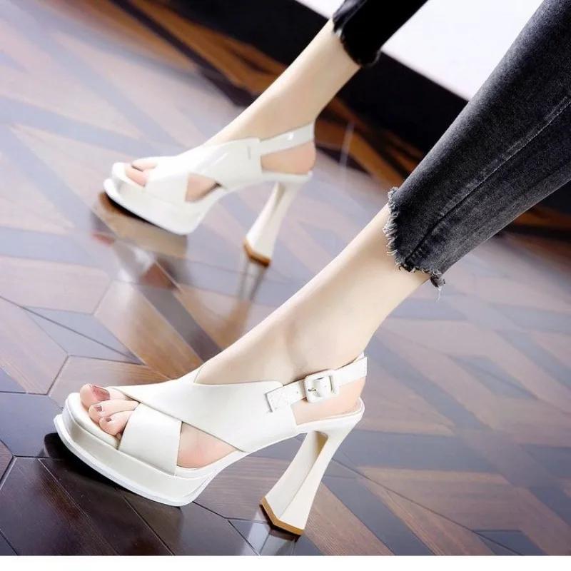 Summer New Women's Pumps Thick Heel Peep Toe Mixed Colors Buckle Super High Heels Platform Sole Party Wedding Sandalias De Mujer