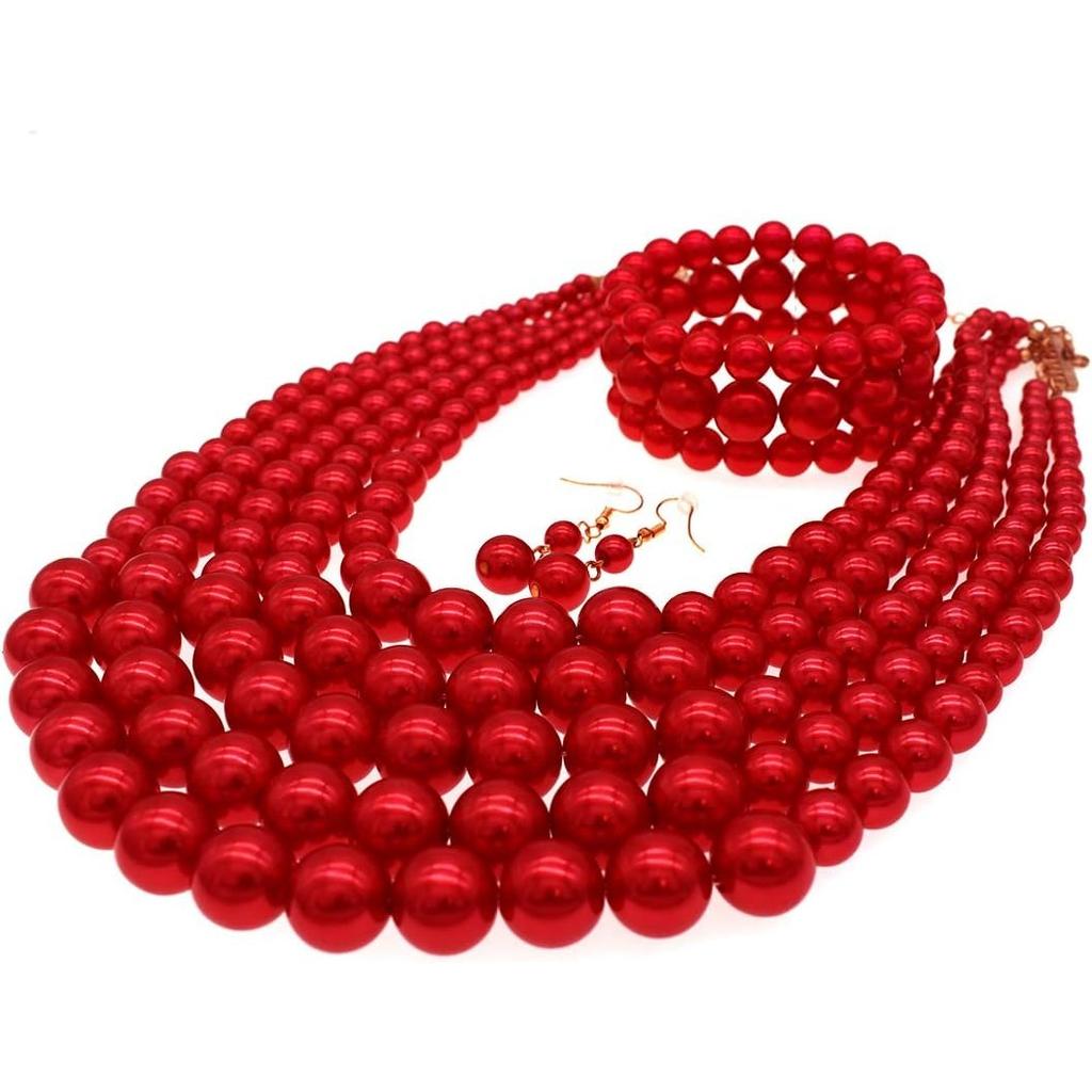 Perlen-Halskette für Damen Mehrsträngiges Armband und Ohrringe Set Kostümschmuck Zubehör