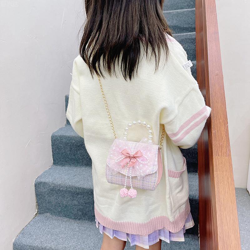 Stylish Kids Fashion Handbag For Autumn Winter With Elegant Bow Design And Pearl Accent