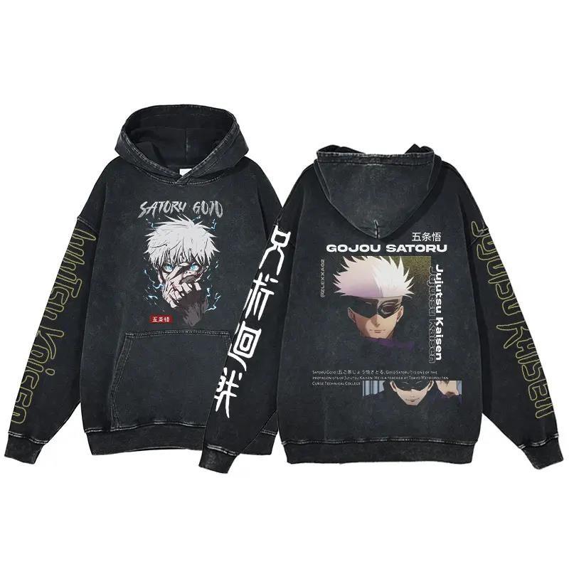 Anime Jujutsu Kaisen Ryomen Sukuna Print Washed Hooded Men Manga Vintage Hoodies Casual Cotton Streetwear Harajuku Sweatshirt