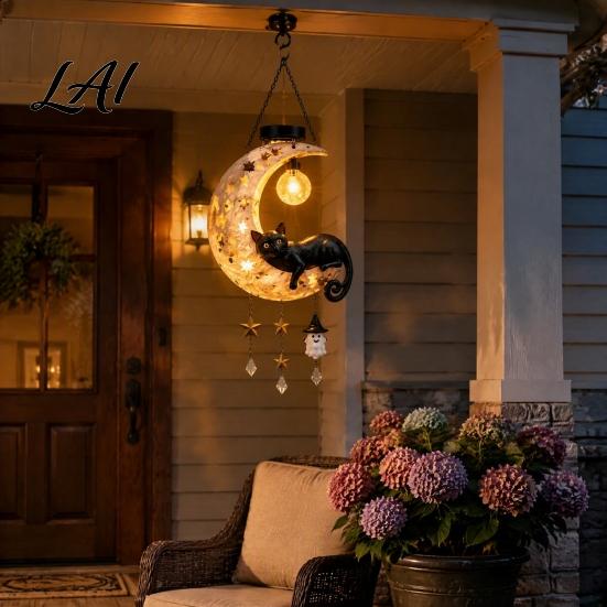 Outdoor Solar Hanging Lights Owl/Cat Moon Light Garden Wind Chime with LED Patio Decorative Accessories Waterproof Resin Lamp Auto On/Off