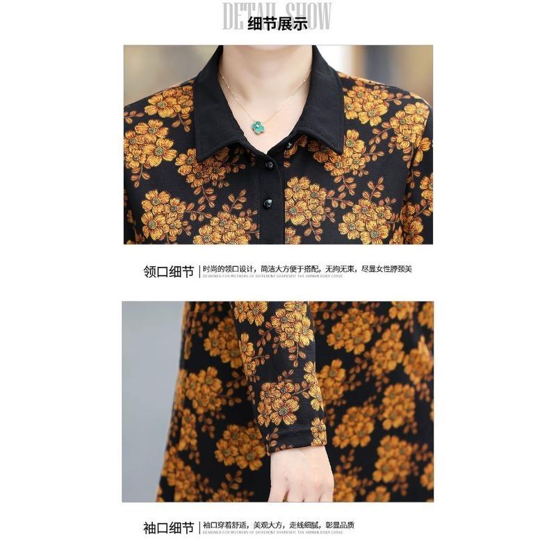 Women's Floral Print Midi Dress Casual Lapel Button Up Long Sleeve Loose Fit Dress for Middle Aged and Elderly