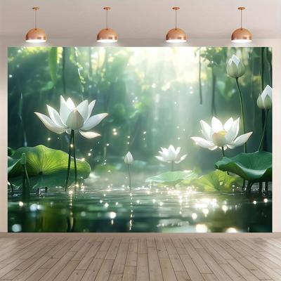1pc White Lotus Pattern Tapestry, Polyester Fabric, Machine Washable, Suitable for Bedroom and Living Room Decoration.