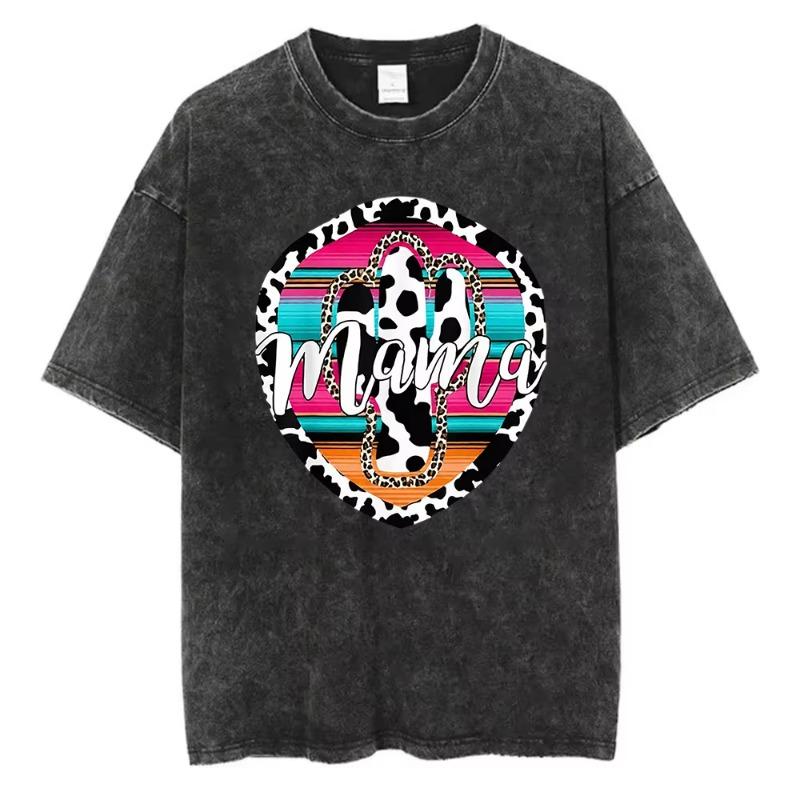 Zachodni T-shirt z Panterką dla Mamy Babci Vintage Spłowiały Czarny Bawełniany Luźny Krótki Rękaw Top dla Boho Mam