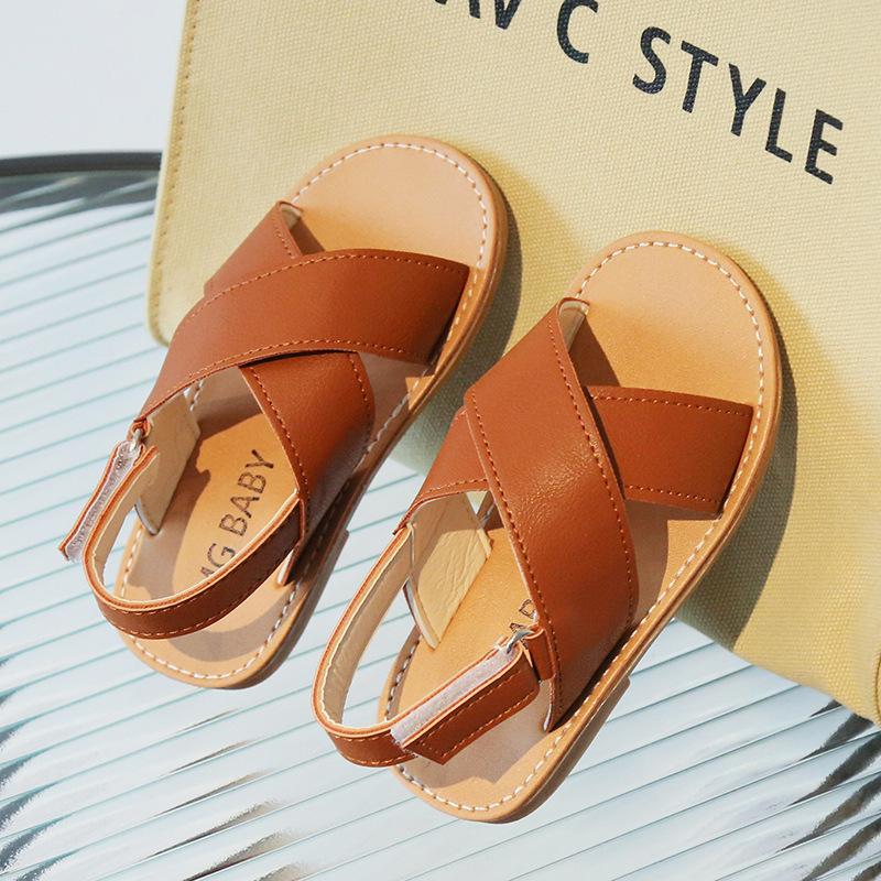 Kids Cross Strap Open Toe Velcro Sandals Summer Casual Beach Shoes For Boys Girls
