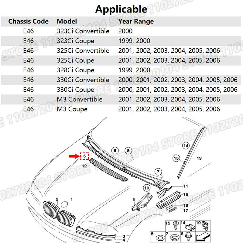 for E46 2 Door 1999-2006 Coupe BMW Windshield Wiper Cowl Panel Cover LHD 323Ci 325Ci 328Ci 330Ci M3 51718232894, RHD 51718232896