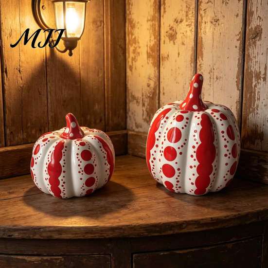Autumn Harvest Table Centerpieces Ceramic Pumpkin Sculpture, Modern Polka Dot Figurine, Farmhouse Fall Seasonal Mantel Decor Tabletop Decoration