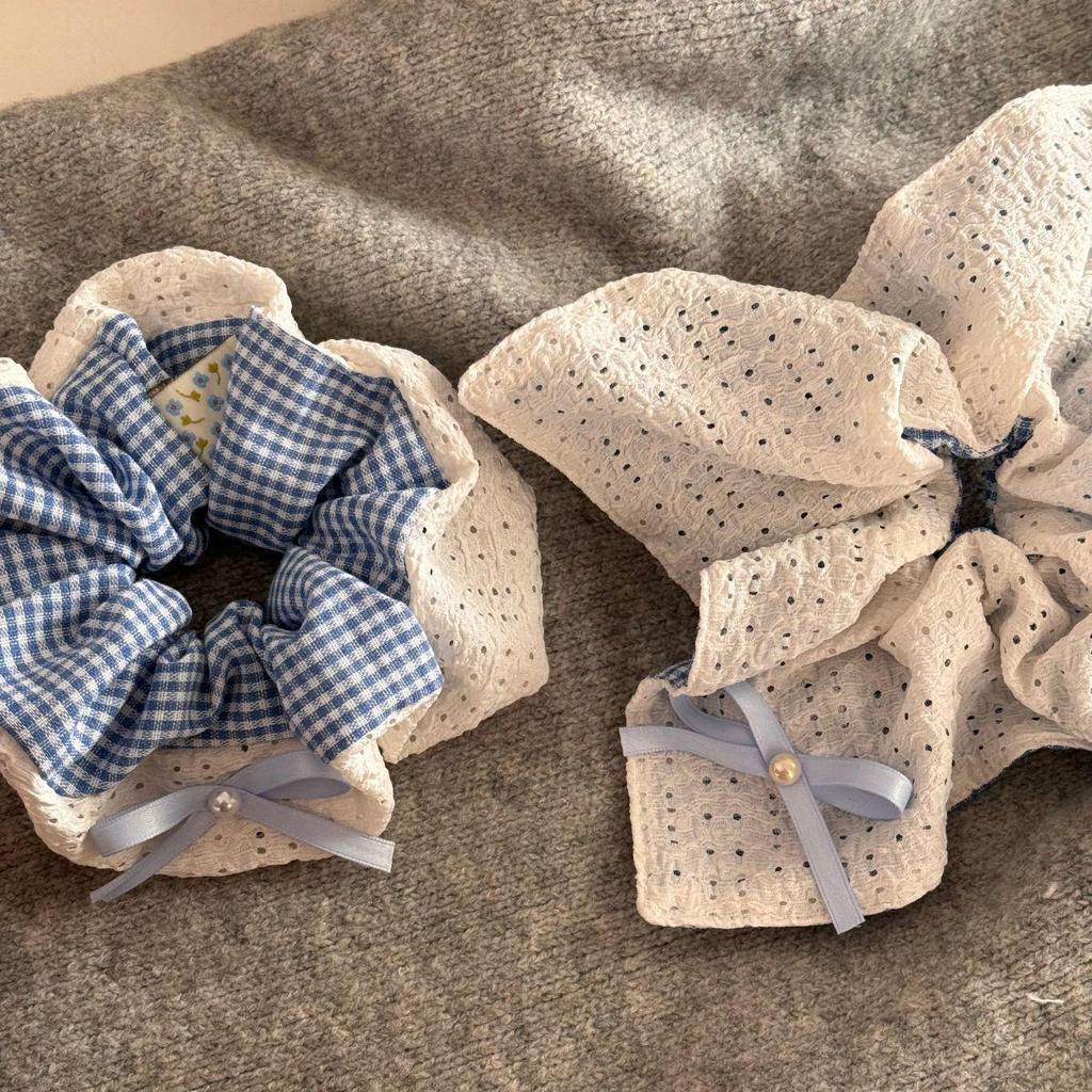 Blue Plaid Double-Sided Bow Ballet Hair Tie - Mori Style