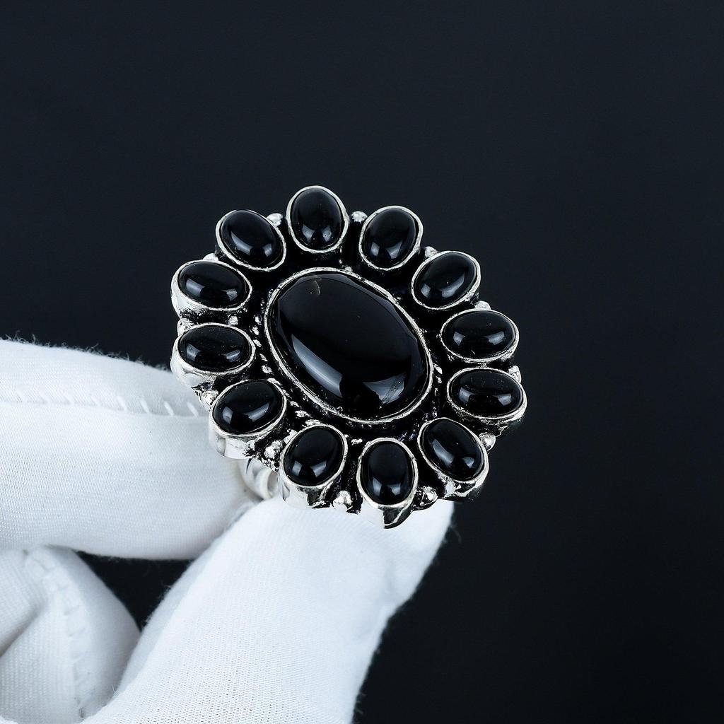 Natural Black Onyx Gemstone Ring, 925 Sterling Silver Ring, Gift For Her, Oval Stone ,Elegant Handmade Ring, Black Onyx Flower Silver Ring