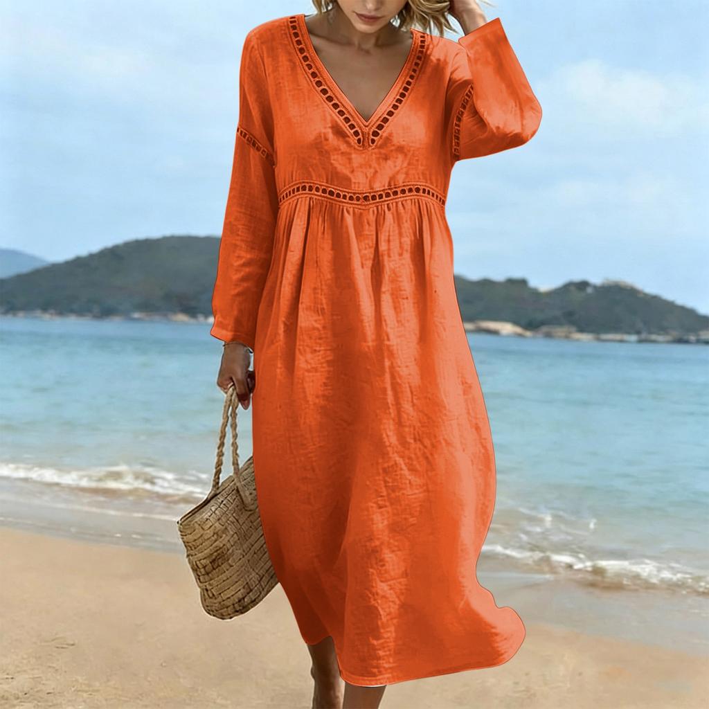 Fashionable Lady's V-neck Mid-length Casual Long-sleeved Dress
