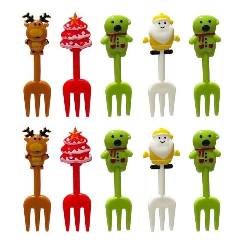 Christmas Fruit Forks Set Plastic Xmas Cupcake Toppers Elk Snowman Santa Claus Cookie Toothpick Xmas Party Cake Decorations