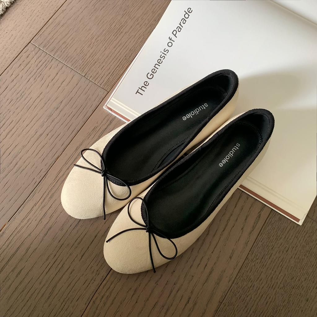 Leather version of grape mother, the same commuter shoes, round head bow, light mouth ballet style single shoes, women's ballet flats