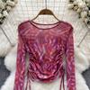 Stylish Summer Tie-Dye Mesh Long-Sleeve T-Shirt with Drawstring