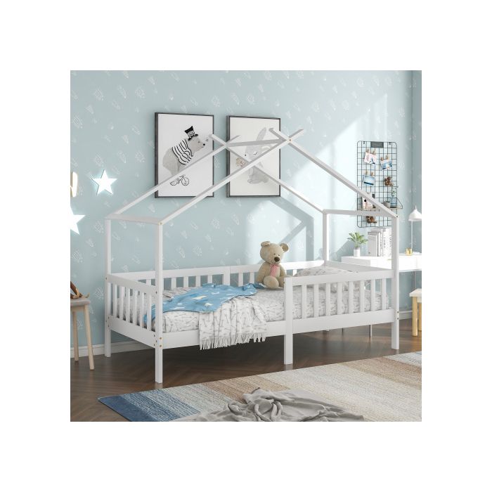 Lit enfant - MUVOE - Bois massif - 200x90 cm - Blanc - Garde-corps inclus