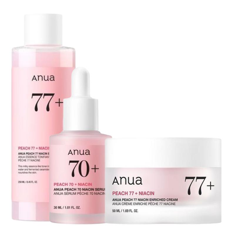 

ANUA Peach 70 Niacin Brightening Skincare Set (Essence Toner 250ml + Serum 30ml + Cream 50ml)