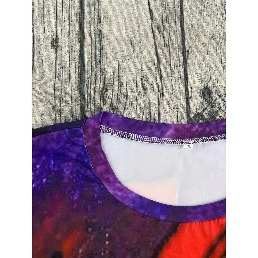 Vibrant Versatility, Elegant Plus Size Women's T-Shirt with Unique Abstract Print Crew Neck, Long Sleeve Perfect Spring