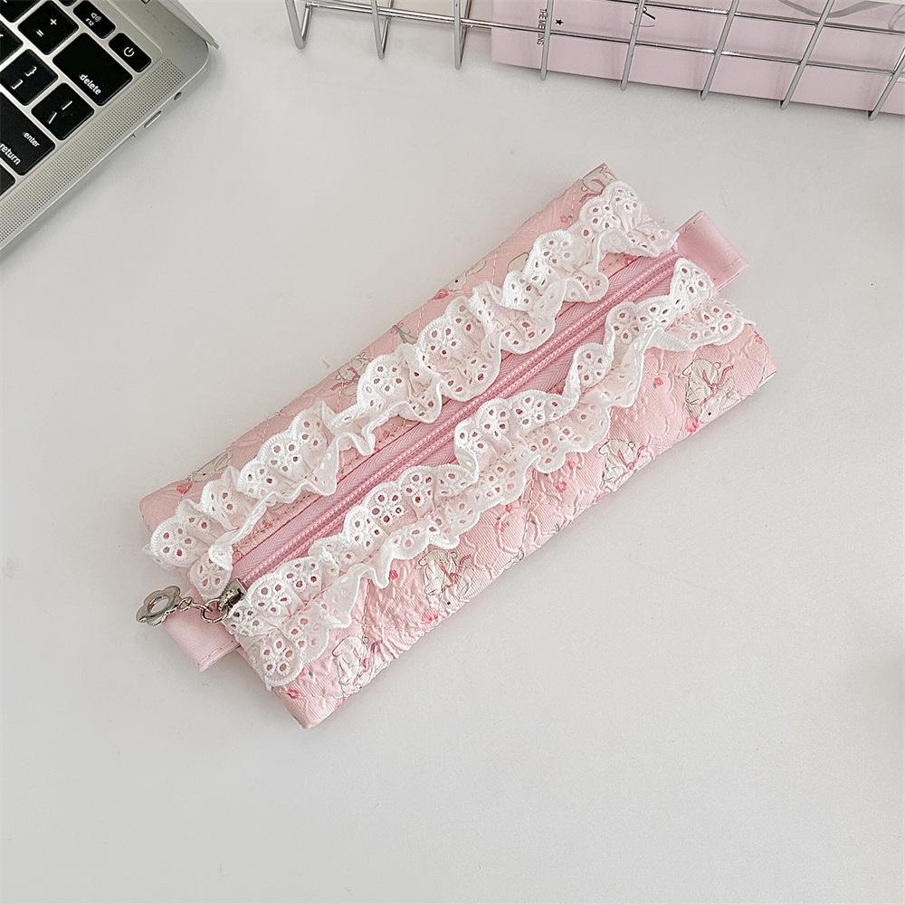 Floral Lace Quilted Pencil Case: Large Capacity, Portable Stationery Bag for Girls