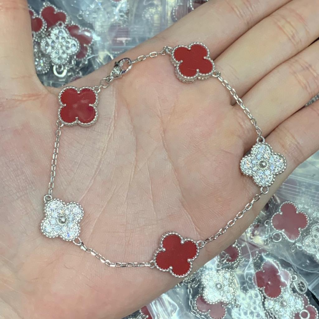 Bransoletka Koniczynka Czterolistna Pięciokwiatowa Mosiądz 18k Nieblaknąca Damska Chalcedon Laserowa Bransoletka