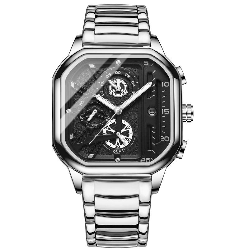 Top Brand Fashion Trend Square Double Display Electronic Watch Binbang Men's Student Waterproof Steel Band Watch Belt Quartz Watch