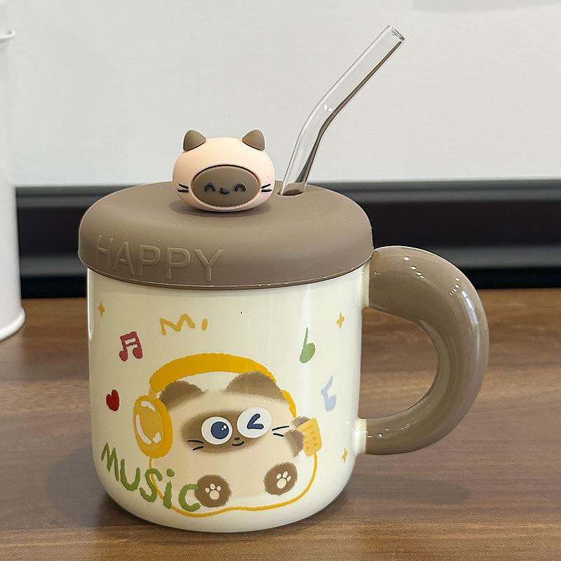Cute Siamese Cat Ceramic Cup with Lid Girls Good-looking Drinking Water Cup Couple Ceramic Coffee Cup Birthday Gift