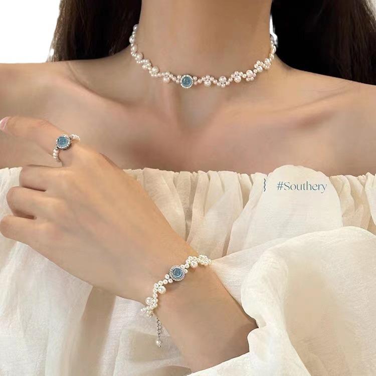 S925 Silver Pink Chalcedony and Pearl Jewelry Set: Bracelet, Necklace, Ring, Earrings - Perfect Gift for Girlfriends & Besties