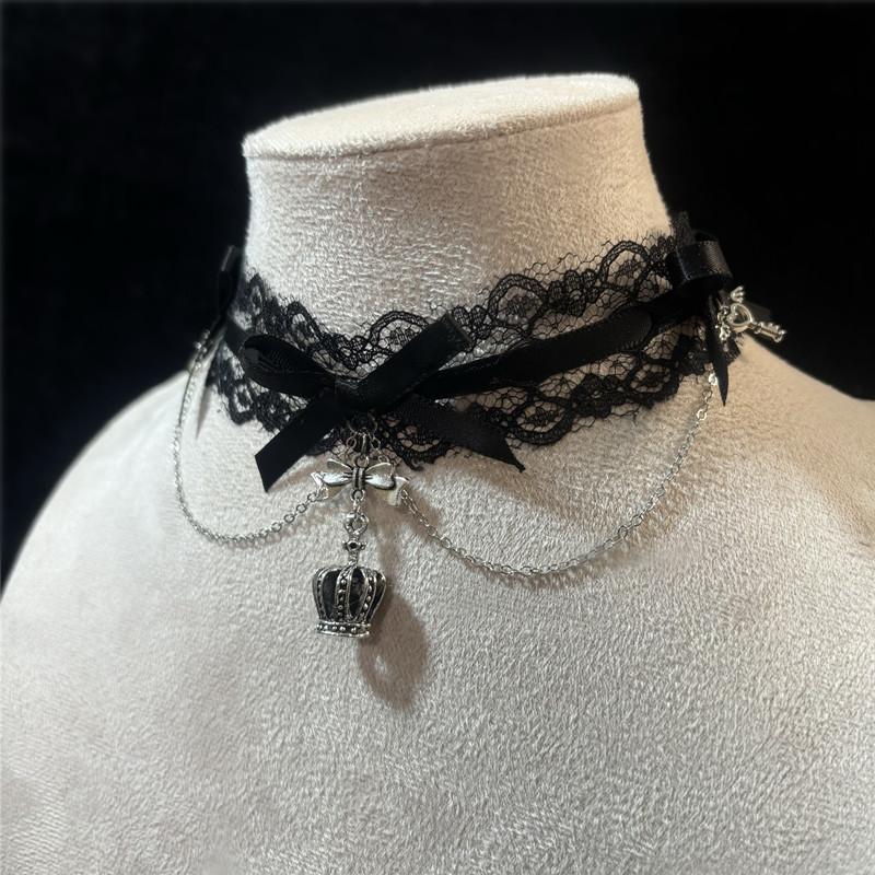 New Sexy Lace Bow Necklace for Women Gothic Punk Velvet Collar Choker Vintage Crown Pendent Necklace Strap Bow Cute Jewelry