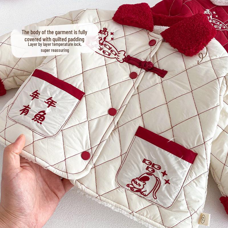 2025 Winter Boys' Cartoon Embroidered Plus Velvet Cotton Jacket