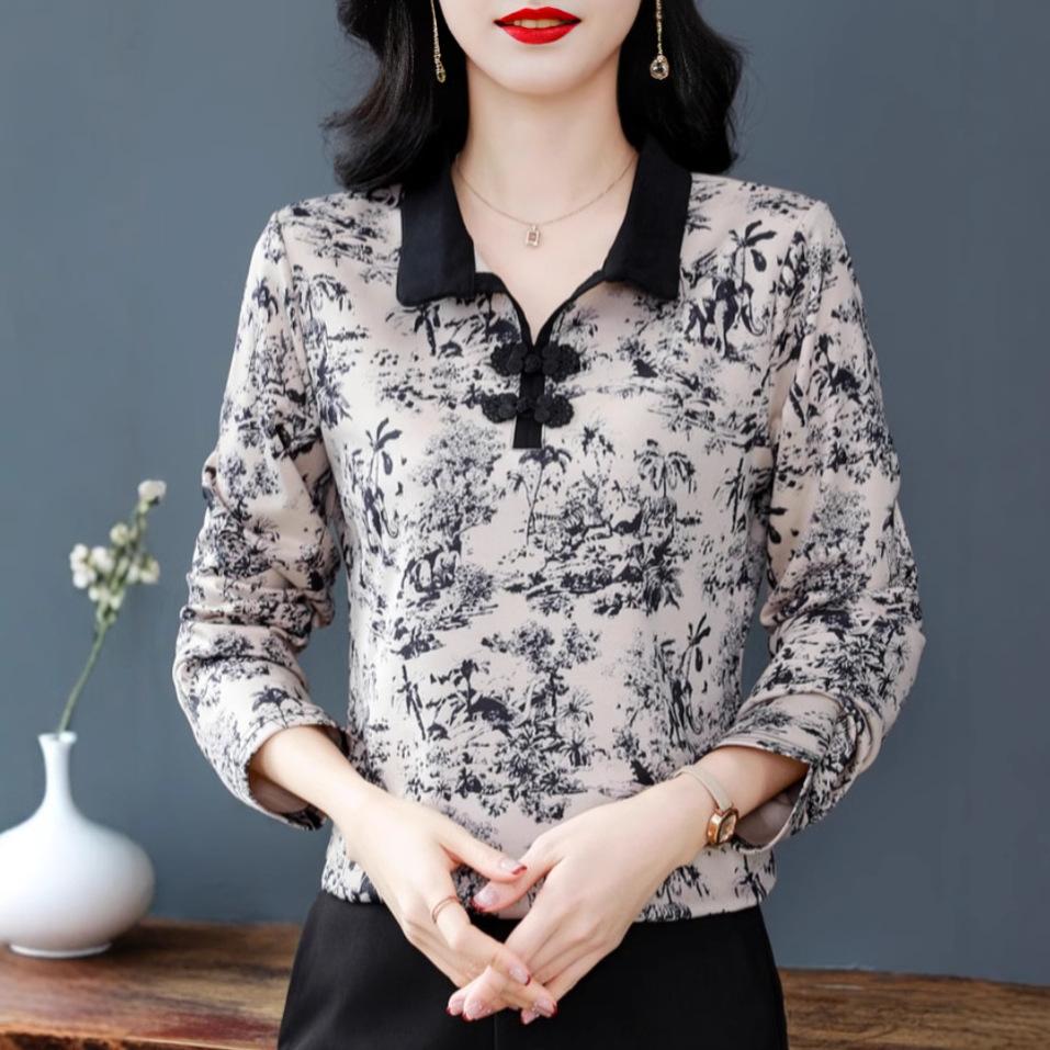 

Футболка с длинными рукавами и лацканами, женская весенняя рубашка, новая рубашка для мам среднего возраста в иностранном стиле 4XL