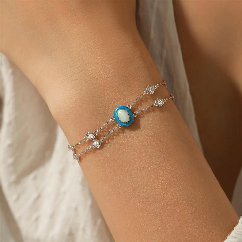 925 Sterling Silver Gradient Color Enamel Oval Opal Multi-layer Link Chain Charm Bracelet for Women Fine Jewelry