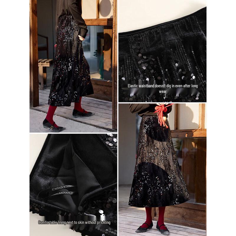 XWI Elegant Velvet Irregular Sequin A-Line Skirt