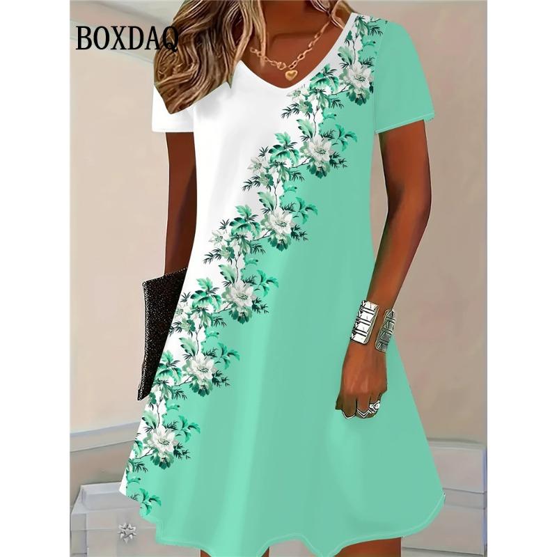 Summer 3D Print Dresses Women Fashion Pullover Short Sleeve V-Neck Dress Casual Retro Flowers Loose Plus Size Female Clothing