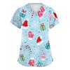 Women's V-Neck Christmas Print Scrub Top Short Sleeve Uniform with Pockets and Side Slits