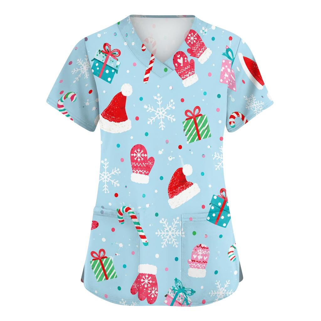 Women's V-Neck Christmas Print Scrub Top Short Sleeve Uniform with Pockets and Side Slits