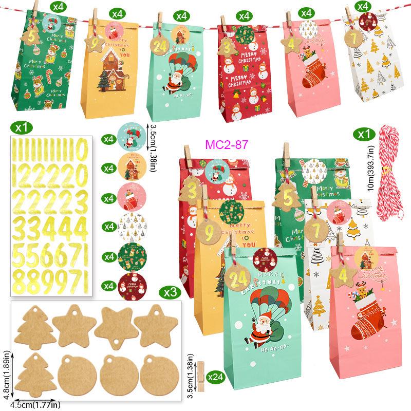 Christmas Advent Calendar Kraft Gift Bags Set - 24 Pieces