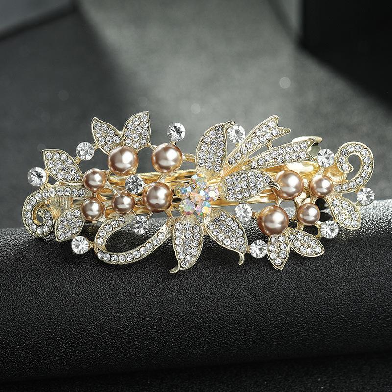 Clip de Primavera de Circonita Blanca Flor de Pedrería Brillante Clip Superior Clip Horizontal Elegante Adorno para el Cabello de Moda para Madres