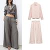 Spring New Lapel Long Sleeves Linen Blended Shirt 4877100 Mid Waist Shoelace Wide Leg Pants 4877101