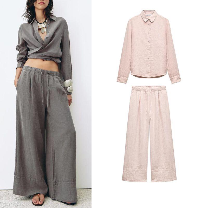 Spring New Lapel Long Sleeves Linen Blended Shirt 4877100 Mid Waist Shoelace Wide Leg Pants 4877101