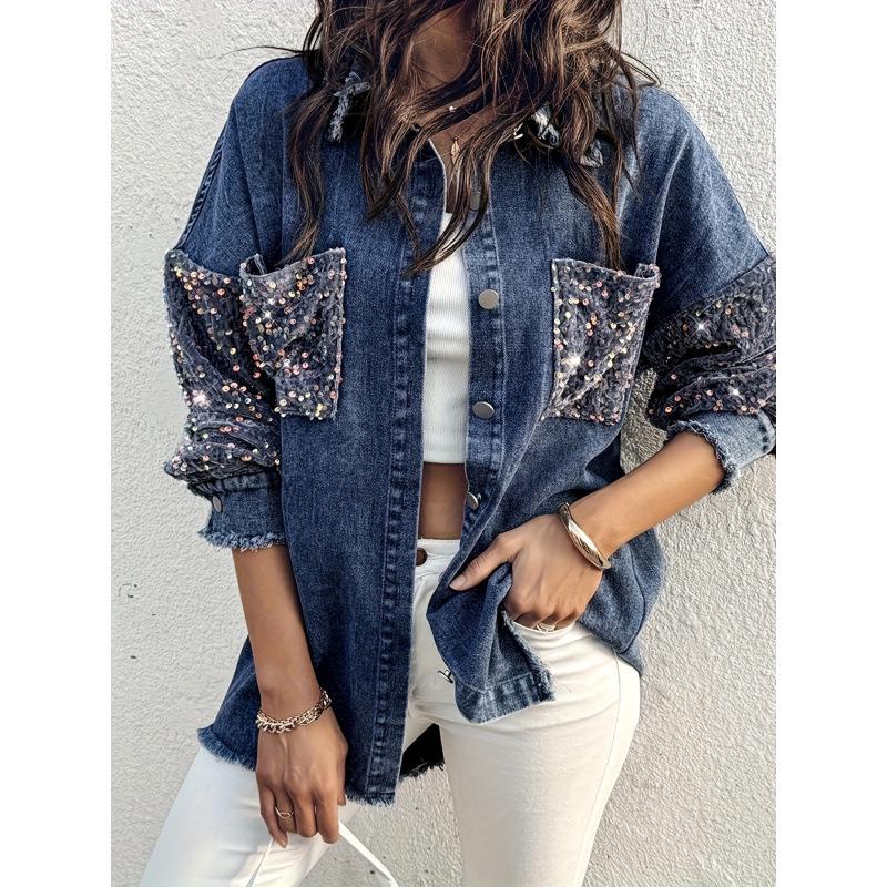 2025 Lapel Contrast Sequin Fringe Hem Denim Jacket