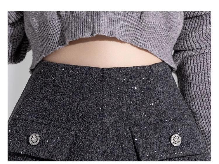High-Waisted Black Sequin Woolen Shorts for Women - Winter 2026 A-Line Slimming Style, Perfect with Boots and Outerwear