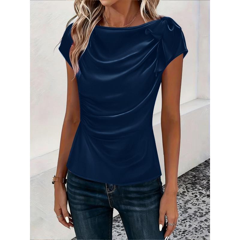 IHUASU Women's Fashion Casual Solid Color Print O-Neck Short Sleeve   Blouses & Shirts